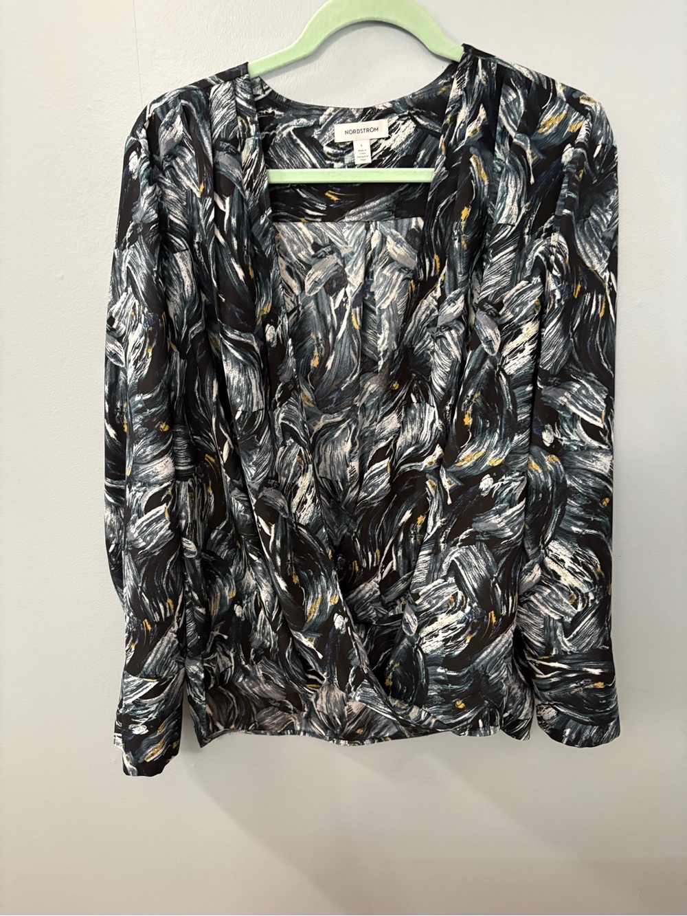 Nordstrom Black Abstract Brushstroke Wrap-Front Blouse with Gold Accents